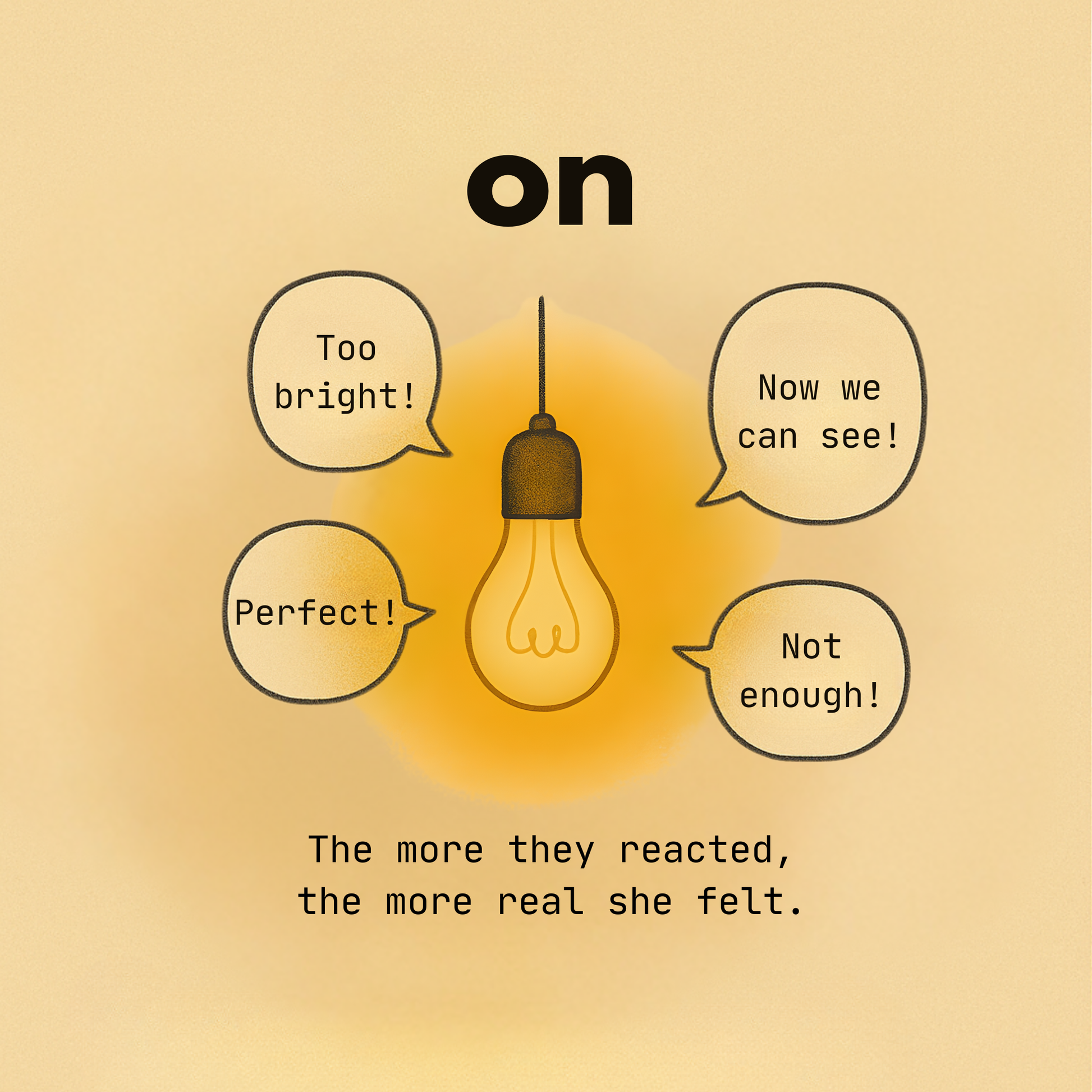 Light bulb that's on with speech bubbles around it on a beige background.